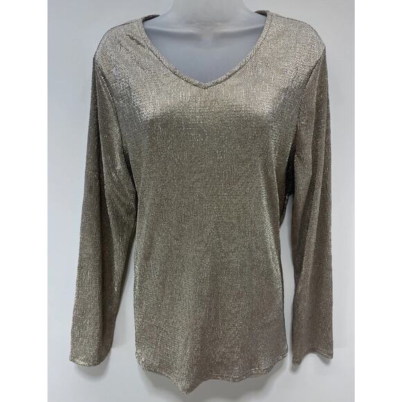 CHICO'S 2 Women's Long Sleeve V-Neck Gold Top Polyester Large - Picture 1 of 7